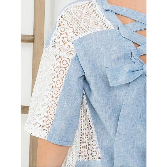 Women Washed Light Denim Blue Cotton Lace Details Bow Tie Asymmetric Top - T8705 - Picture 9 of 11